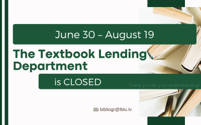 During the student holidays to August 25, the library is open for readers until 17.00. Textbook Lending is closed till August 19, 2025