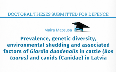 Mateusa Maira. Prevalence, genetic diversity, environmental shedding and associated factors of Giardia duodenalis in cattle (Bos taurus) and canids (Canidae) in Latvia = Giardia duodenalis izplatība, ģenētiskā daudzveidība, vides piesārņojums un to ietekmējošie faktori govīm (Bos taurus) un suņu dzimtas (Canidae) dzīvniekiem Latvijā : Doctoral thesis for the Doctoral degree Doctor of Science (Ph.D.) in Veterinary Sciences