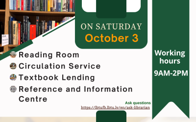 On Saturday, October 3,  the Fundamental library of the Latvia University of Life Sciences and Technologies is open from 9am until 2pm